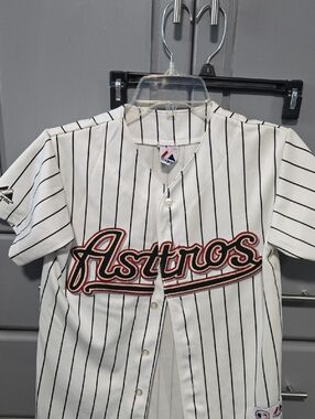 Majestic White Pinstripe Astros Script Jersey with Black and Orange Accents